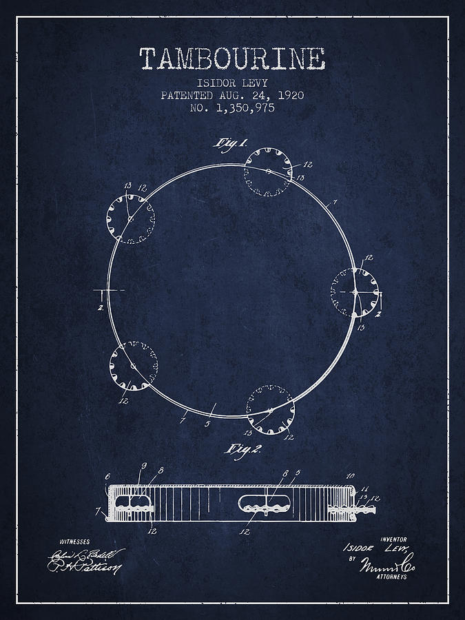 Music Digital Art - Tambourine Patent from 1920 - Navy Blue by Aged Pixel