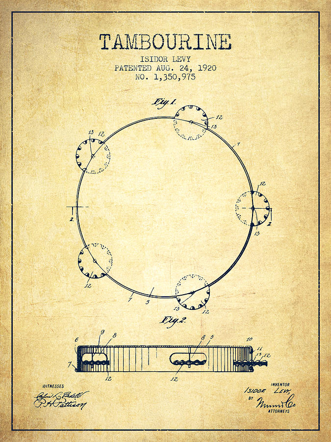 Tambourine Patent from 1920 - Vintage Digital Art by Aged Pixel - Pixels