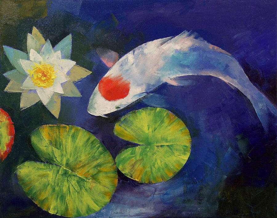 Tancho Koi and Water Lily Painting by Michael Creese