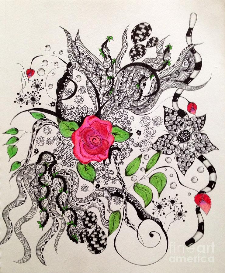 Zen Tangle Drawing - Tangled flowers by Manon Zemanek