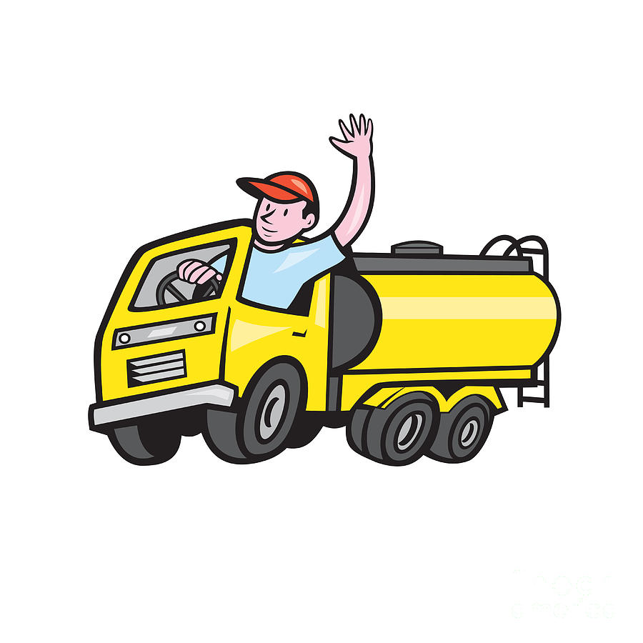 Transportation Digital Art - Tanker Truck Driver Waving Cartoon by Aloysius Patrimonio