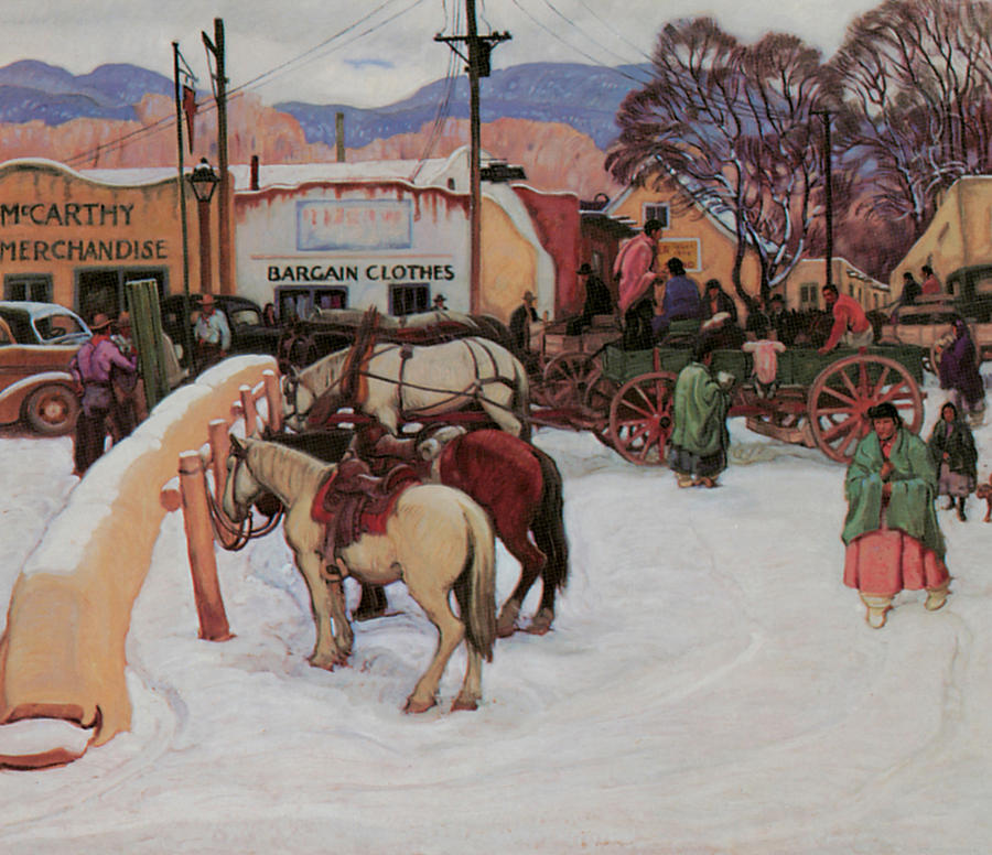 Horse Painting - Taos Plaza Winter by E Martin Hennings