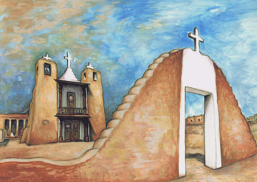 Taos Pueblo New Mexico - Watercolor Art Painting Painting by Peter Potter