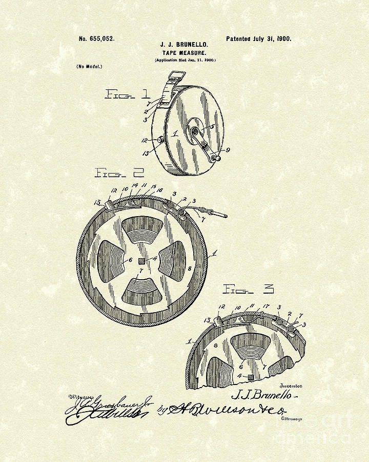Tape Measure 1900 Patent Art Drawing by Prior Art Design