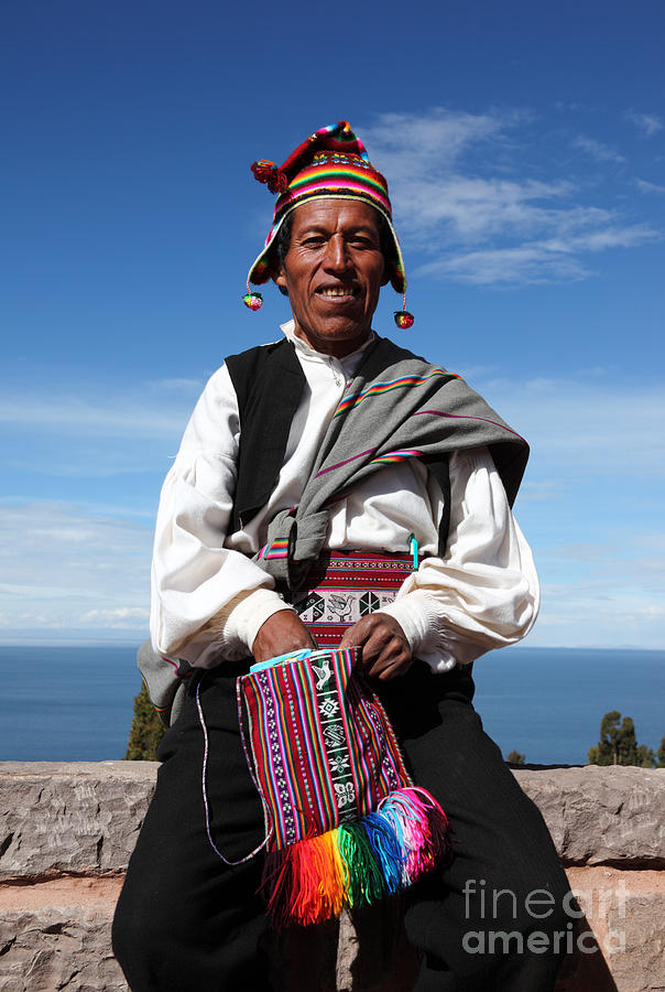 Taquile Islander with chuspa bag portrait Peru Photograph by James Brunker