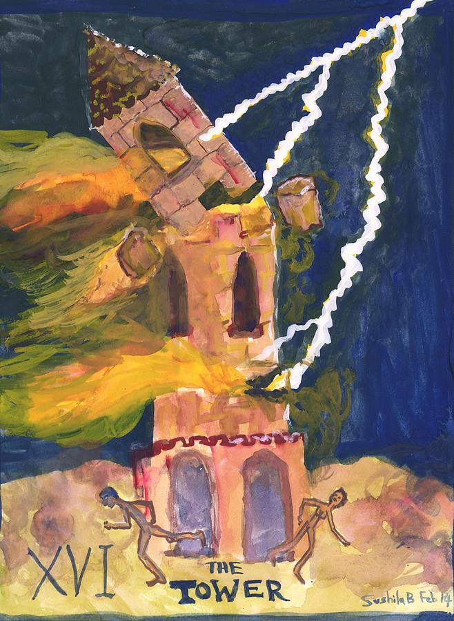 Tarot Painting - Tarot 16 the Tower by Sushila Burgess Tarot Painting - Tarot 16 the Tower by Sushila Burgess