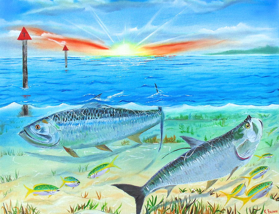 Sunset Painting - Tarpon at Sunrise by Kevin  Brown