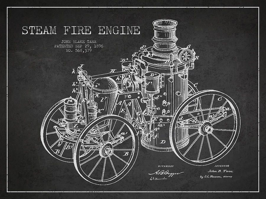 Vintage Digital Art - Tarr Steam Fire Engine Patent Drawing from 1896 - Dark by Aged Pixel