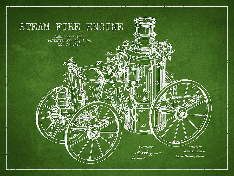 Vintage Digital Art - Tarr Steam Fire Engine Patent Drawing from 1896 - Green by Aged Pixel