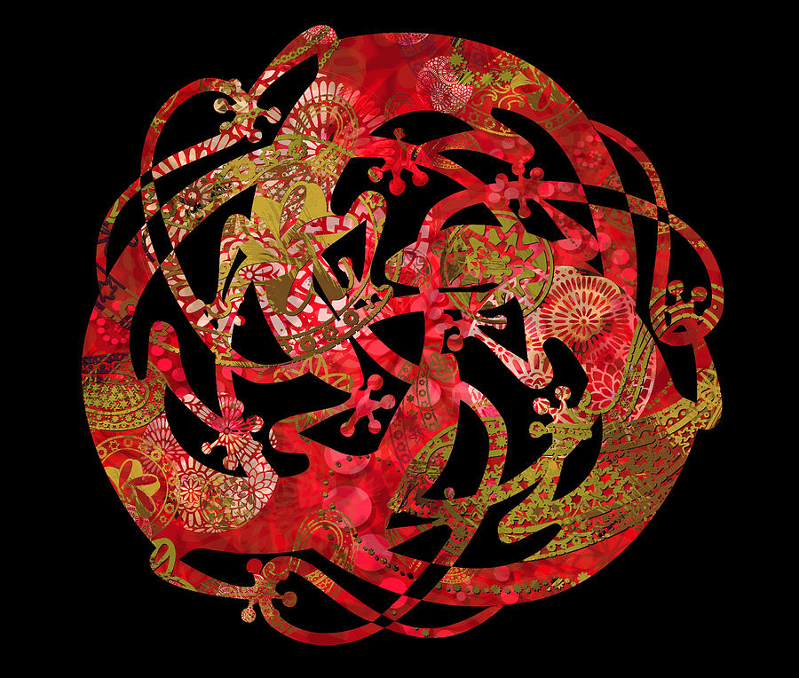 Tattoo Lizards Mandala - Red And Gold Night Digital Art