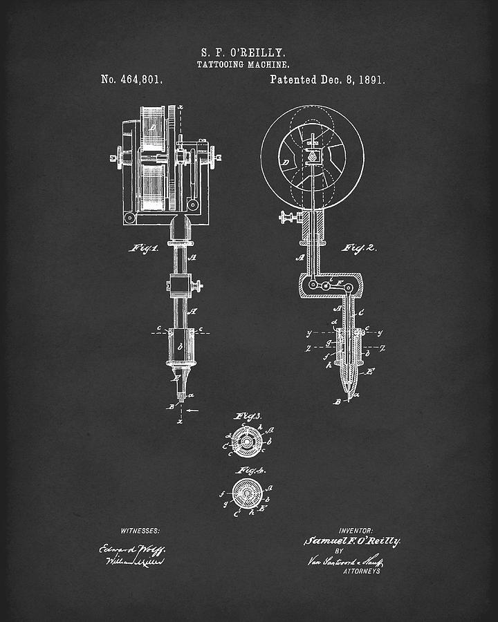Tattoo Machine 1891 Patent Art Black Drawing by Prior Art Design
