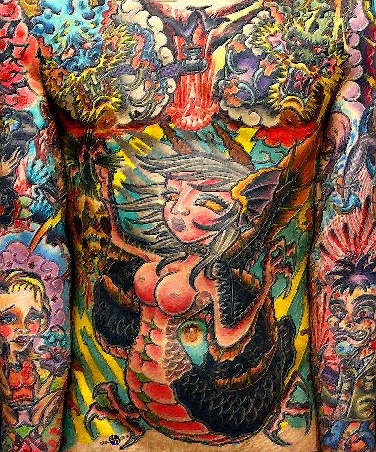 Mermaid Painting - Tattoo Painting Man Torso And Arms by Tony Rubino