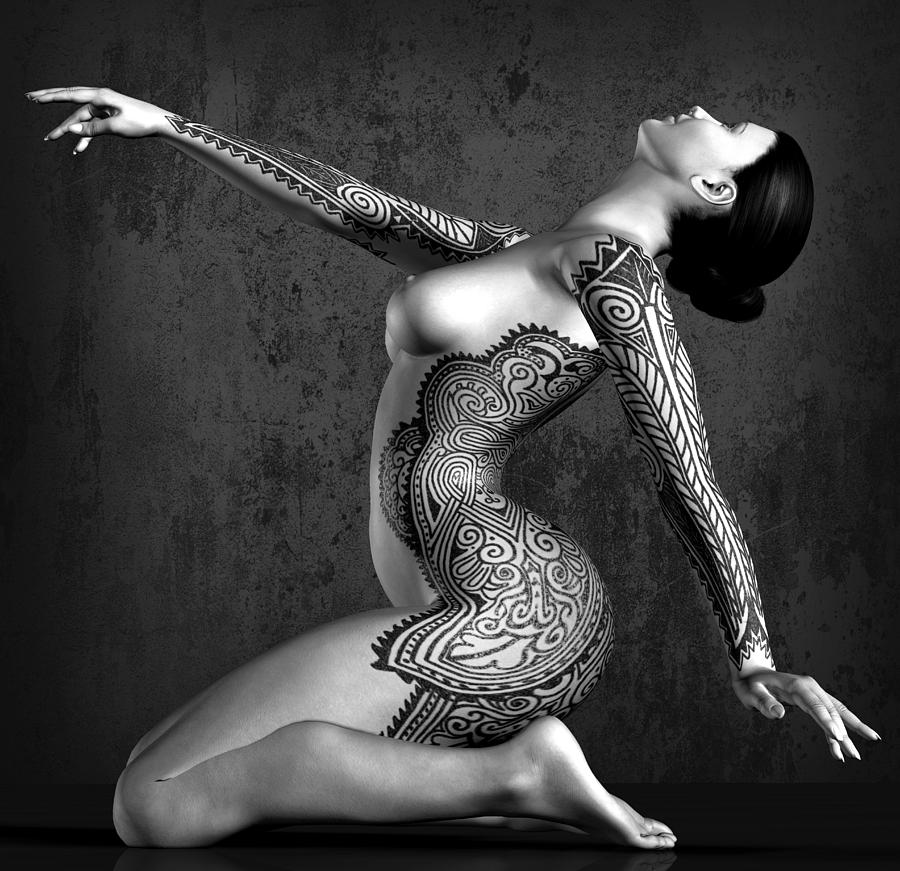 Tattooed Nude Black and White Digital Art by Kaylee Mason