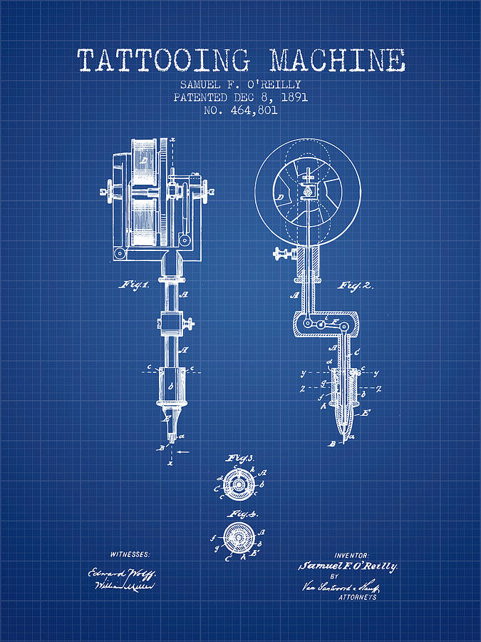 Vintage Digital Art - Tattooing Machine Patent from 1891 - Blueprint by Aged Pixel