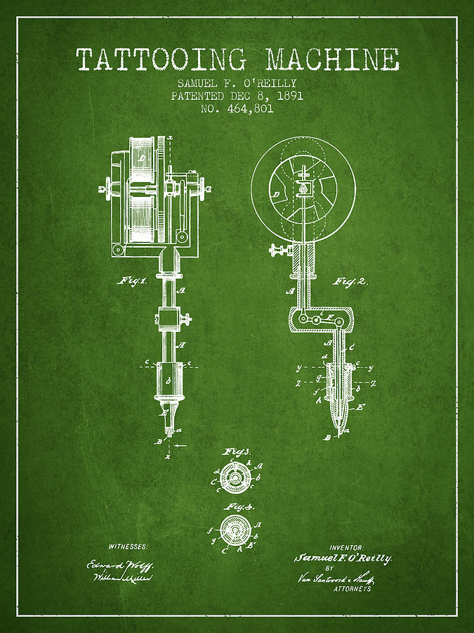 Vintage Digital Art - Tattooing Machine Patent from 1891 - Green by Aged Pixel