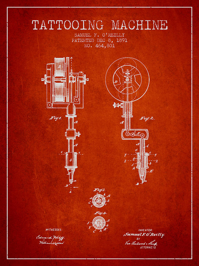Vintage Digital Art - Tattooing Machine Patent from 1891 - Red by Aged Pixel