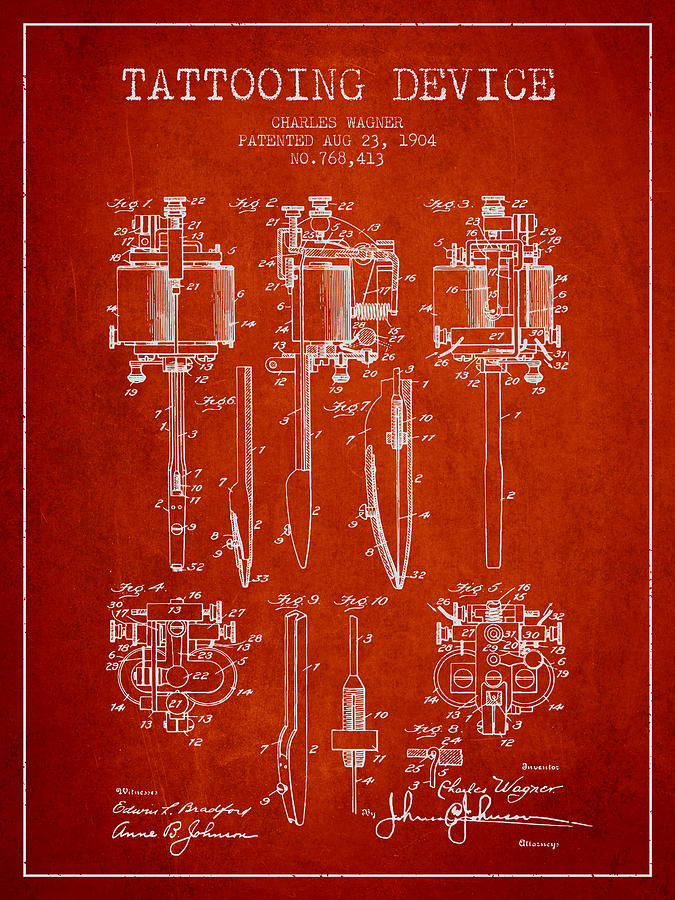 Vintage Digital Art - Tattooing Machine Patent From 1904 - Red by Aged Pixel