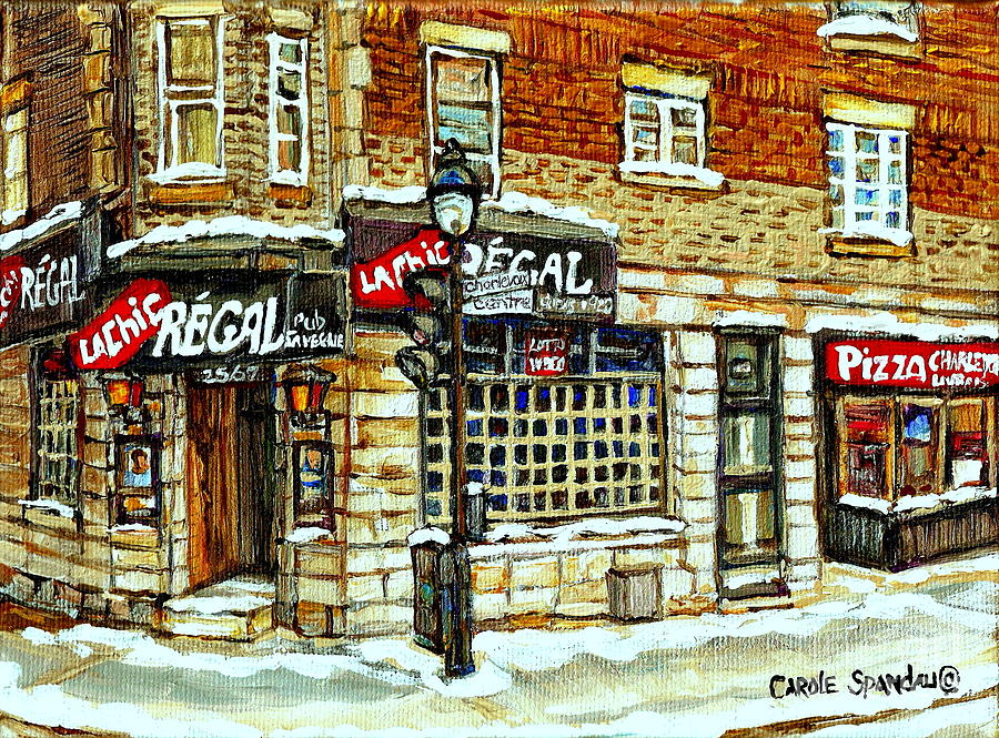 Taverne La Chic Regal Pointe St.charles Jazz Bar Montreal Paintings Winter Street Scene Original Art Painting by Carole Spandau