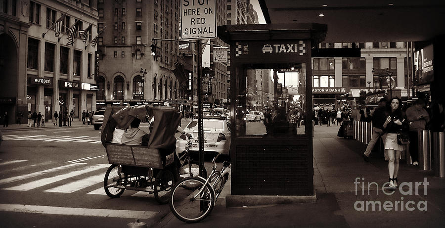 Black And White Photograph - Taxi Stand with Pedicab and Woman by Miriam Danar