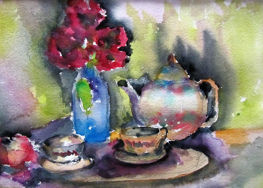 Teapot Painting - Tea and Flowers by Lucille  Valentino