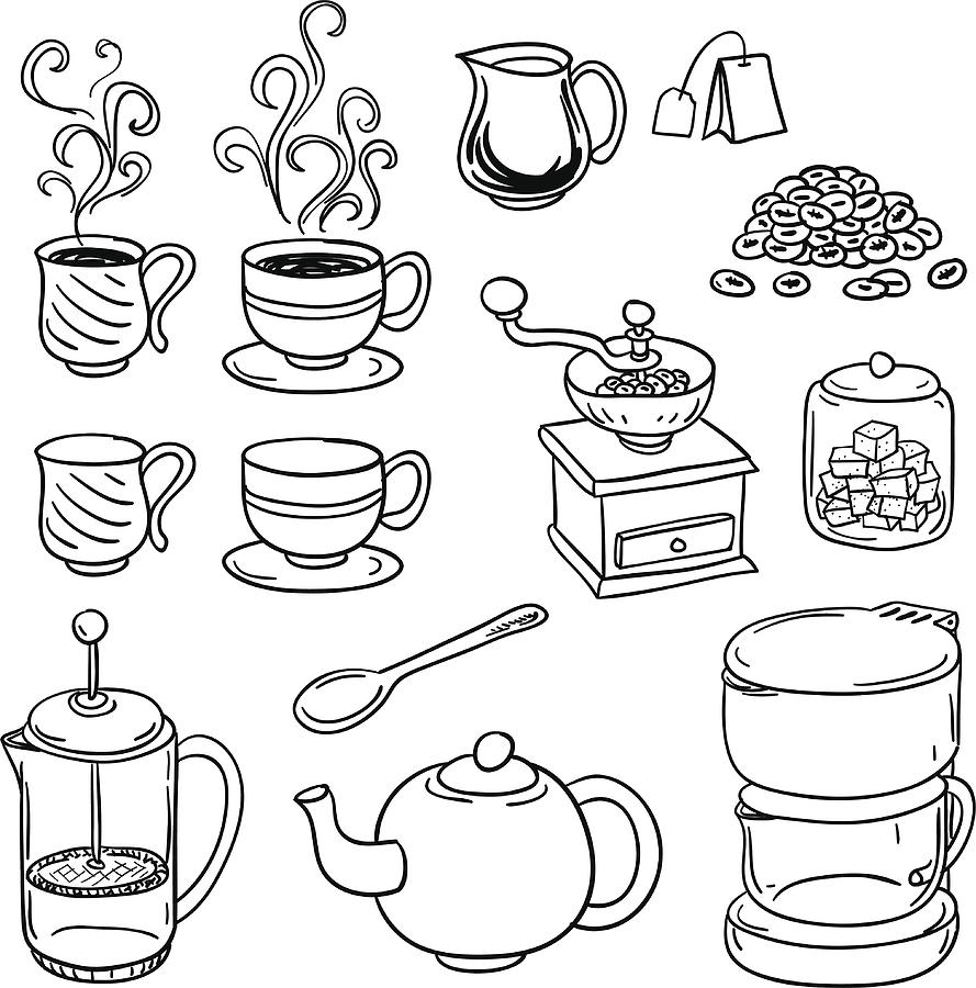 Tea Coffee equipment in black and white Drawing by LokFung