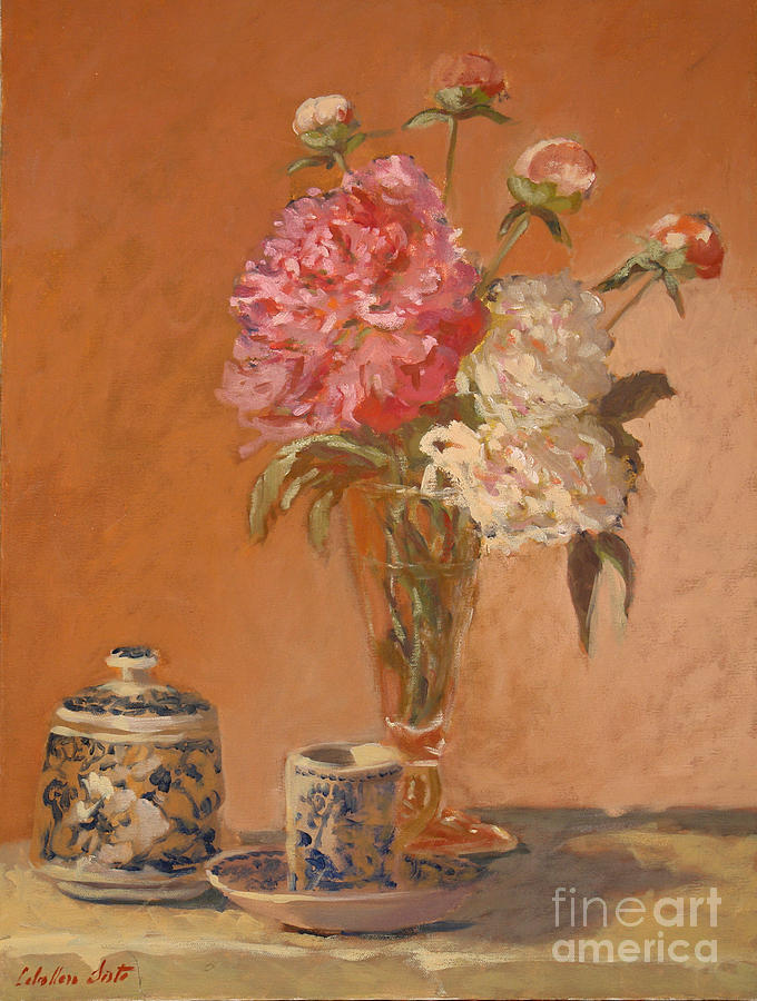 Tea cup with peonies Painting by Monica Elena