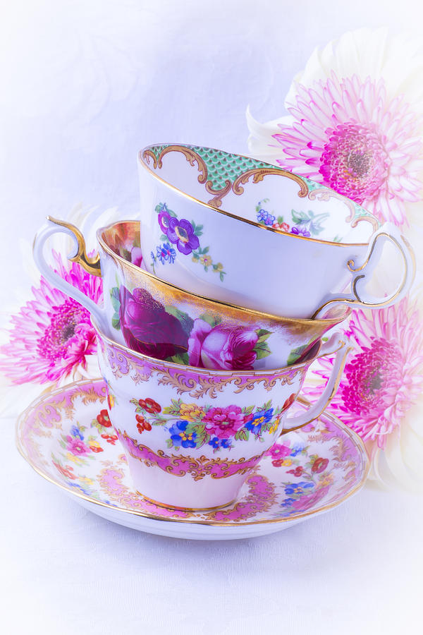 Tea Cups With Pink Mums Photograph by Garry Gay