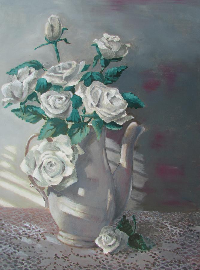 Tea Pot Roses Painting by Tony Caviston