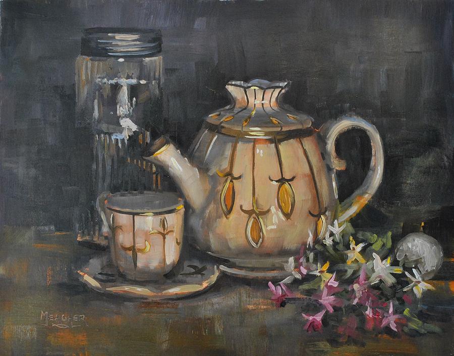 Tea Pot Tea Light And Flowers Painting By Spencer Meagher Fine Art