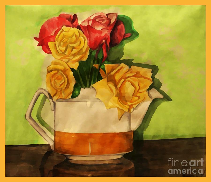 Tea Roses Bordered Painting by Joan-Violet Stretch