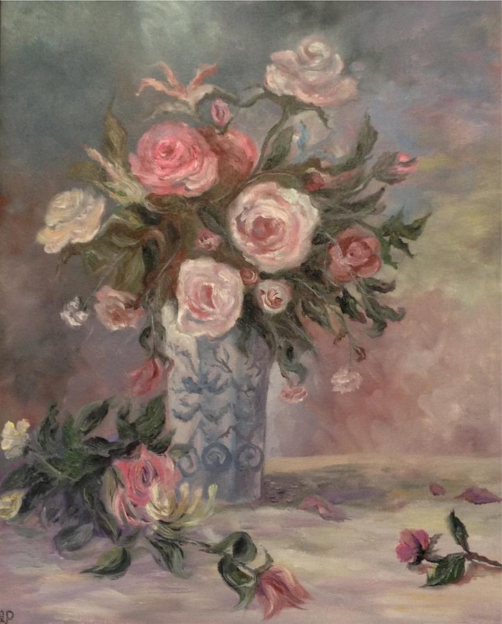 Tea Painting - Tea roses in blue vase by Irene Pomirchy