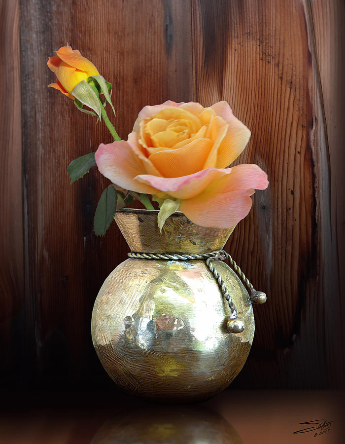 Tea Roses in Brass Vase Painting by M Spadecaller