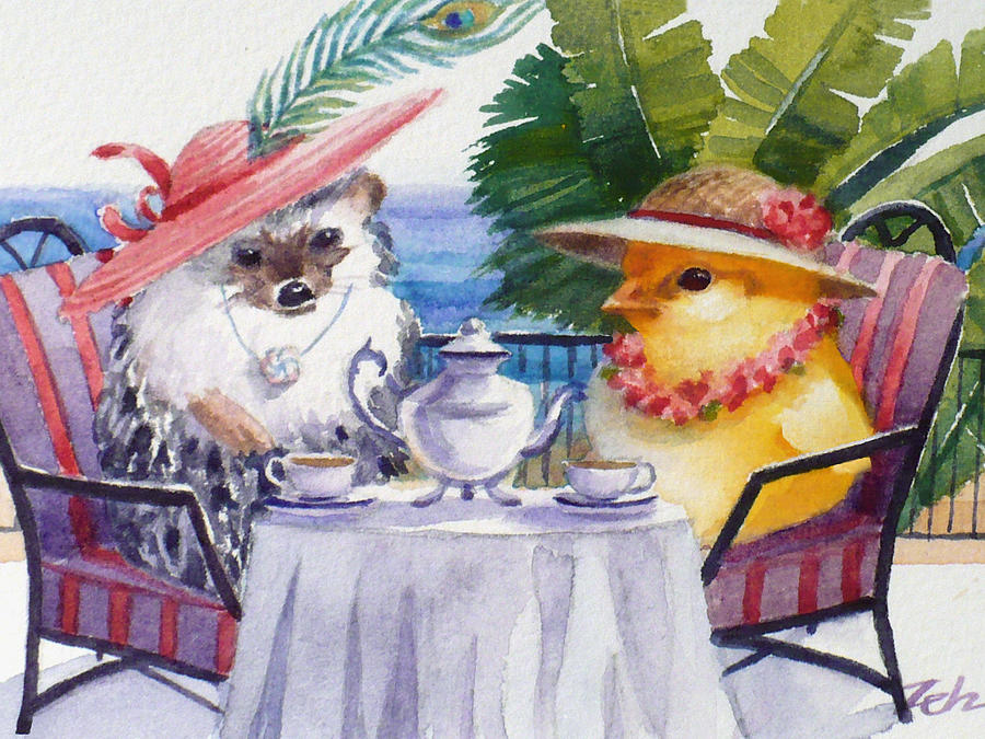 Tea Time for a Baby Chick and Hedgehog Painting by Janet Zeh