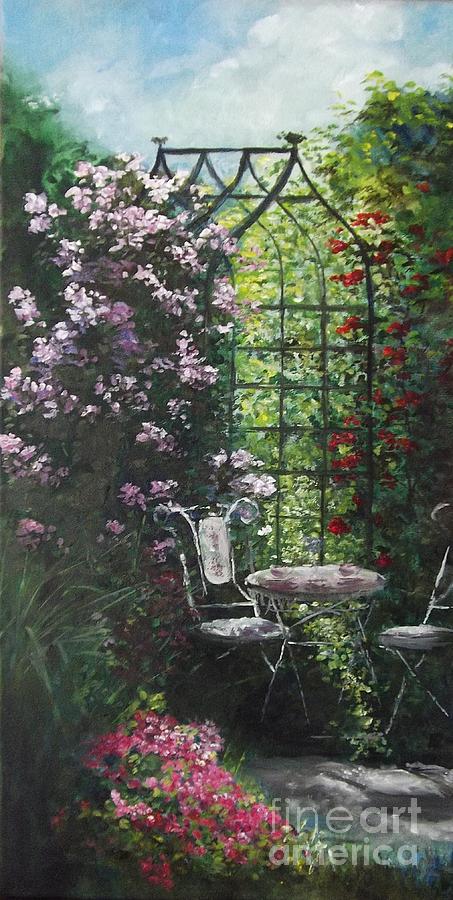 Tea Under the Rose Arbor Painting by Lizzy Forrester