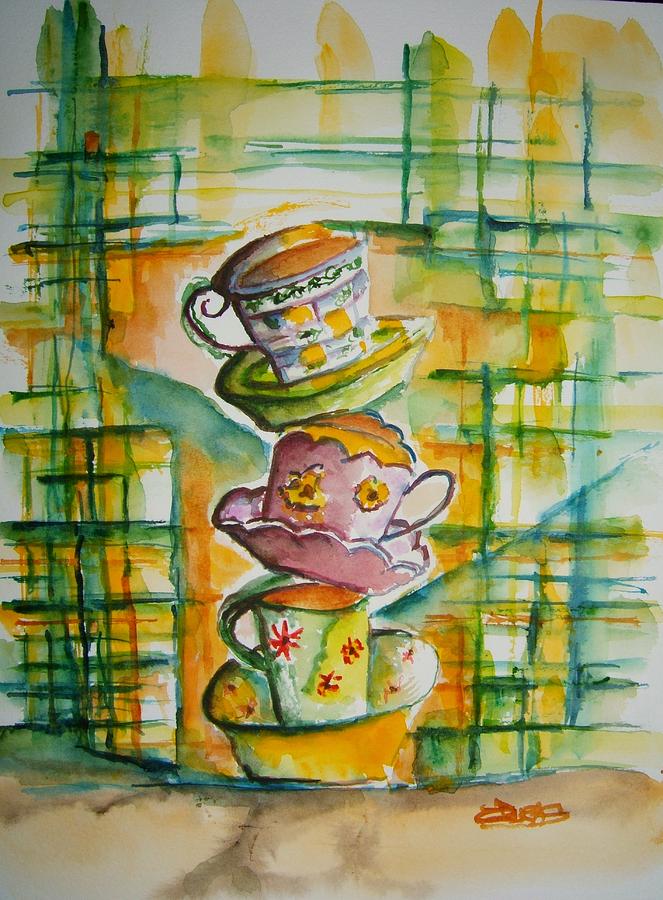 Teacup Tower Painting by Elaine Duras