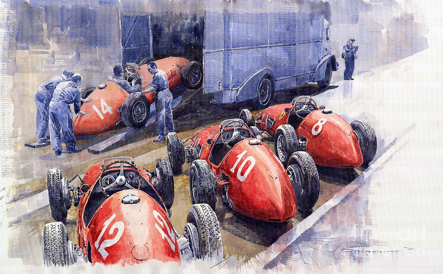 Watercolour Painting - Team Ferrari 500 F2 1952 French GP by Yuriy Shevchuk