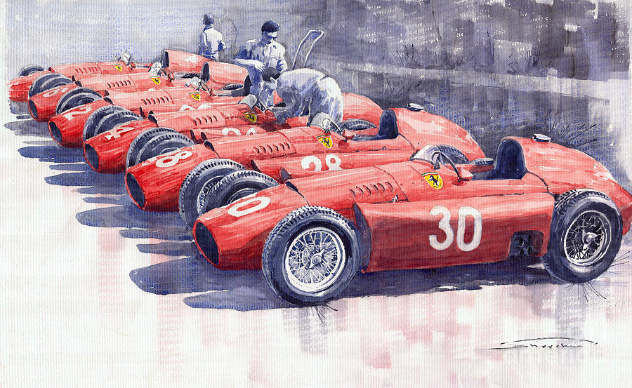 Watercolour Painting - 1956 Team Lancia Ferrari D50 type C 1956 Italian GP by Yuriy Shevchuk