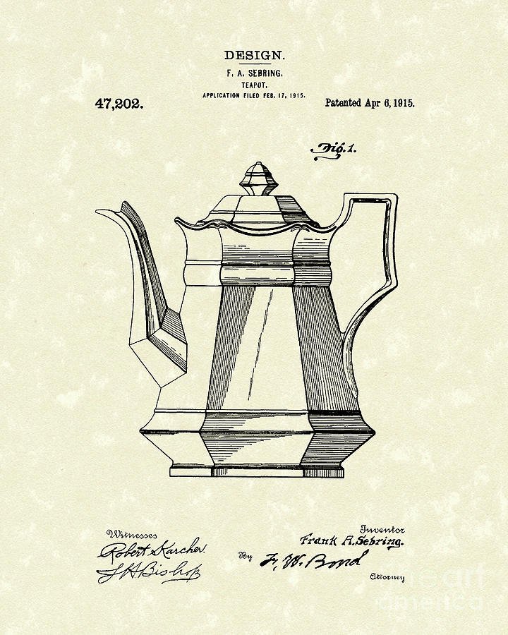 Teapot 1915 Patent Art Drawing by Prior Art Design