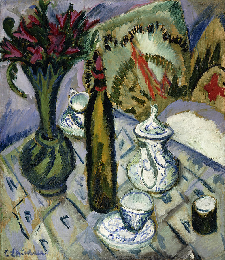 Flower Painting - Teapot Bottle and Red Flowers by Ernst Ludwig Kirchner