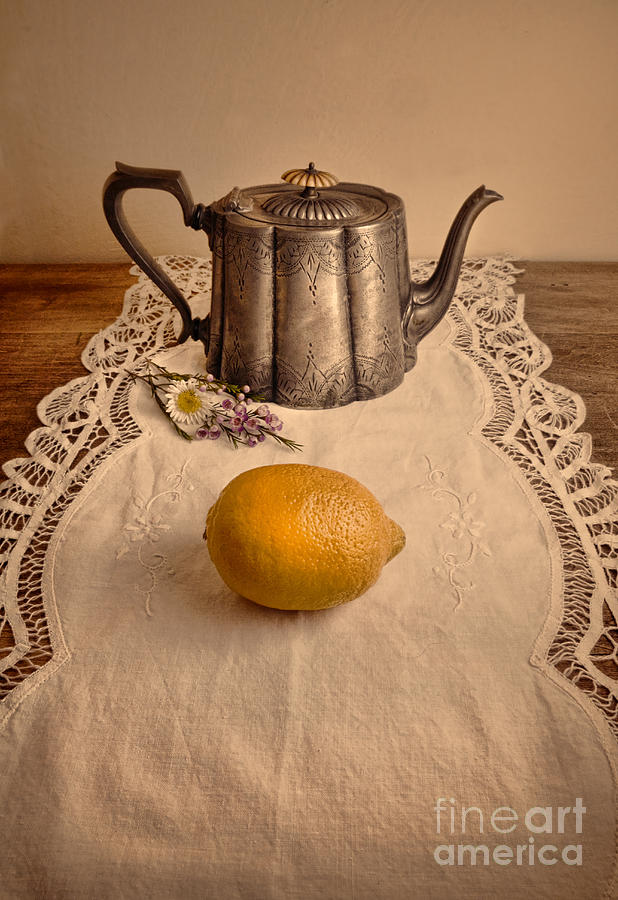 Teapot on Lace with Lemon Photograph by Jill Battaglia