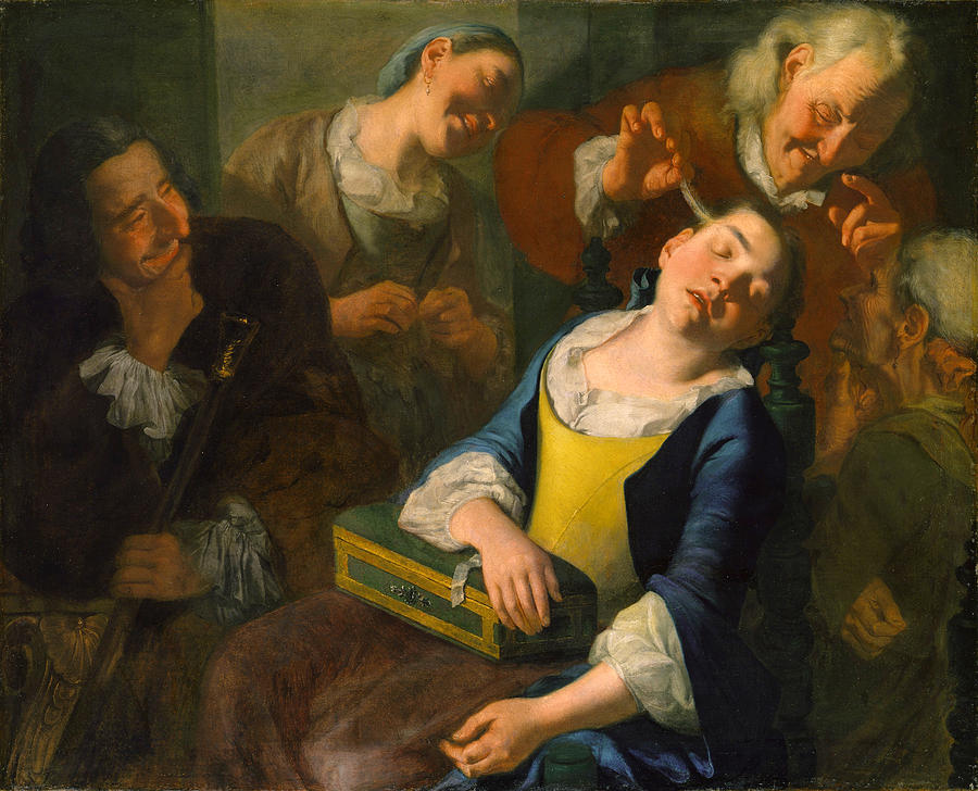 Gaspare Traversi Painting - Teasing a Sleeping Girl by Gaspare Traversi