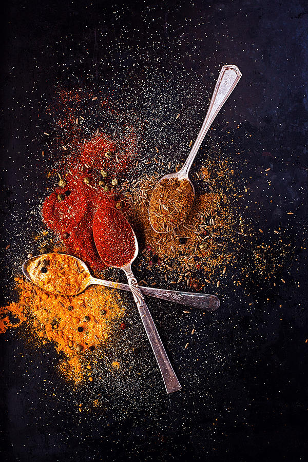 Teaspoons With Ground Spices On Dark Photograph by One Girl In The Kitchen