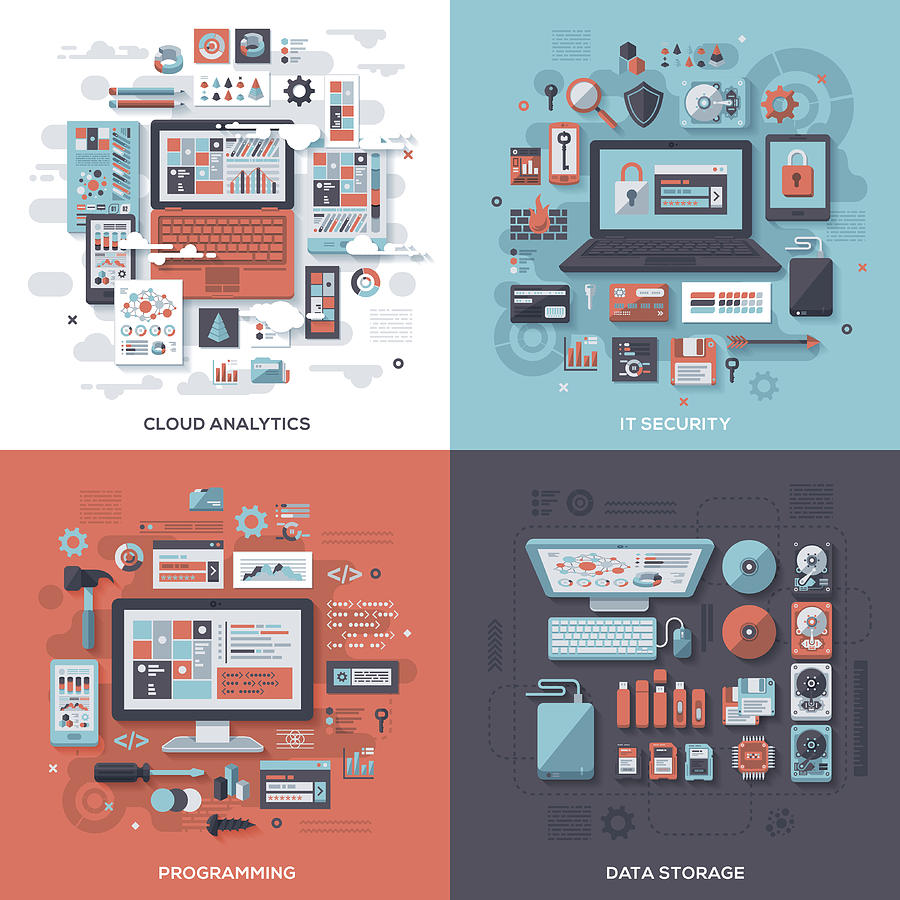 Tech & IT Security Flat Design Concepts Drawing by DavidGoh