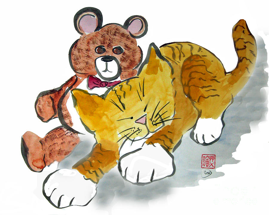 Teddy Bear Nap with Ssweet Dreams for tiger Kitten Painting by Ellen Miffitt