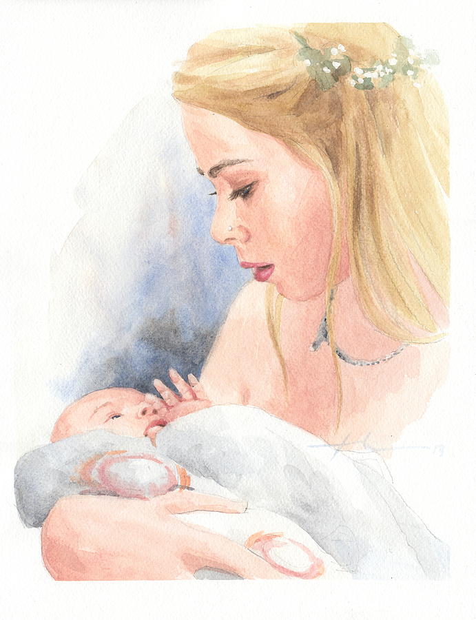 Teen And Baby Sister Watercolor Portrait Drawing by Mike Theuer Teen And Baby Sister Watercolor Portrait Drawing by Mike Theuer
