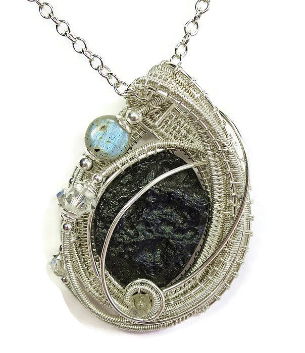 Sterling Silver Jewelry - Tektite Meteorite Impactite Pendant in Sterling Silver with Labradorite and Swarovski Crystals by Heather Jordan