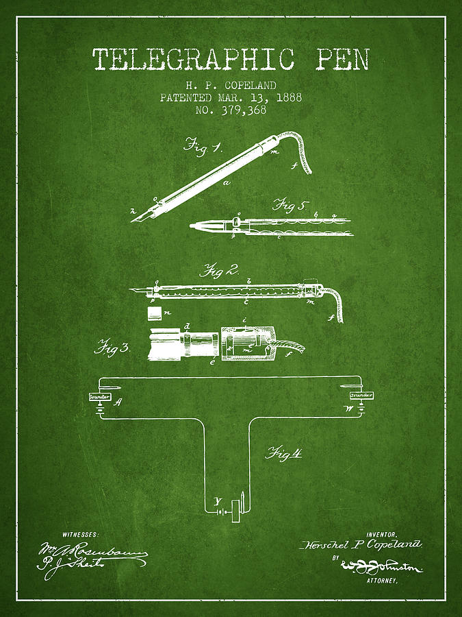 Telegraphic Pen Patent from 1888 - Green Digital Art by Aged Pixel ...