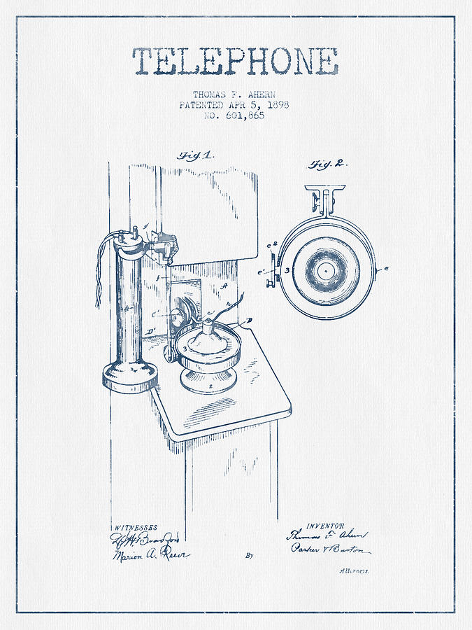 Vintage Digital Art - Telephone Patent Drawing From 1898  - Blue Ink by Aged Pixel