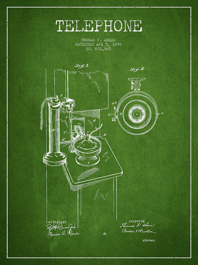 Vintage Digital Art - Telephone Patent Drawing From 1898 - Green by Aged Pixel
