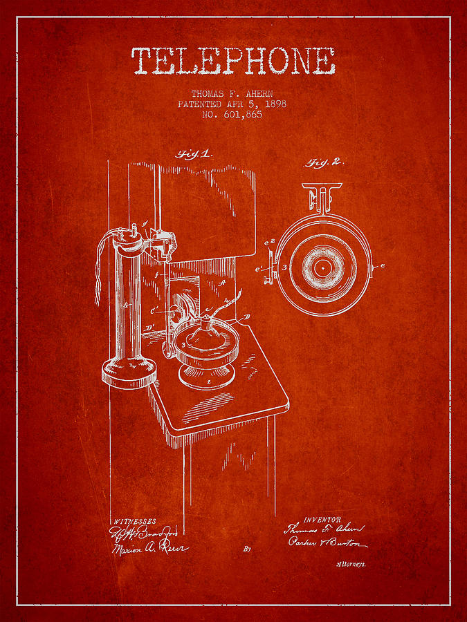 Vintage Digital Art - Telephone Patent Drawing From 1898 - Red by Aged Pixel